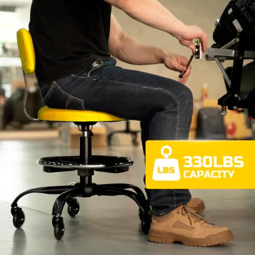 Rolling Shop Stool with Wheels, Garage Stool Chair, Yellow - Image 3