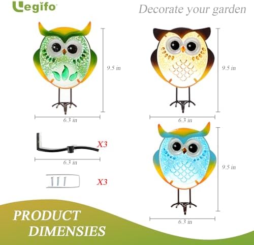 Owl Garden Decor Set of 3 Metal Glass Stand Tree Hugger Fence Outdoor Stake - Image 4