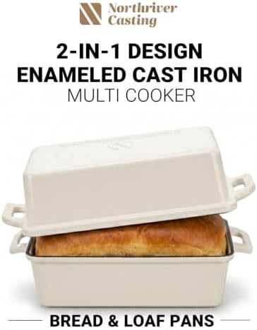 Northriver Casting 2 in 1 Enameled Cast Iron Bread Pan with Lid, Perfect Bread Oven, Loaf Pans for Baking Homemade Sourdough Bread 9x5, 2 Piece set, White - Image 3