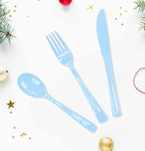 HEIPINIUYE 75 Pack Light Blue Plastic Cutlery Heavy Duty Baby Blue Plastic Knives Forks and Spoons Disposable Silverware Set for 25 Guest Camping Birthday Baby Shower Party Cutlery Set - Image 2