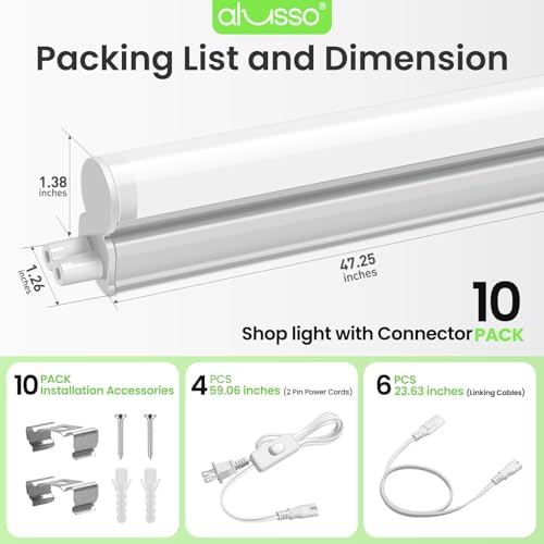 ALUSSO 10 Pack 4FT LED T5 Shop Lights – Linkable Integrated Fixture, 2100LM, 3‑Color Selectable, 3000K/4000K/6500K Adjustable Color Temperature, Corded Electric T5 Single Fixture for Garage/Workshop - Image 5
