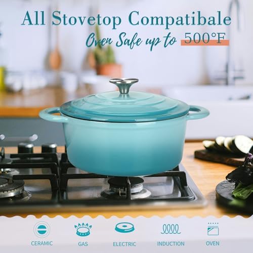 Cast Iron Dutch Oven 4.5 Quart Enameled Cast Iron Dutch Oven Pot with lid Heavy Duty Dutch Oven Dual Handles Porcelain Enameled Cast Iron Pot for Baking Braiser Cooking Family or Friends Gifts,Aqua - Image 3