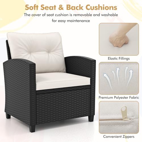 RELAX4LIFE 3-Piece Patio Furniture - Wicker Rattan Bistro Sofa Set w/Glass Top Coffee Table, Washable Cushions for Porch Balcony Backyard Poolside, Outdoor Conversation Set (Off White) - Image 4