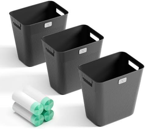 JOYMOOP Slim Trash Can 3-Pack, 2.2 Gallon Plastic Wastebasket for Bathroom, Bedroom, Office, Kitchen with 4 Rolls Bags, Black by JOYMOOP