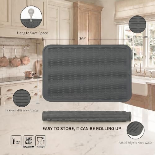 MicoYang Silicone Dish Drying Mat for Multiple Usage,Easy clean,Eco-friendly,Heat-resistant Silicone Mat for Kitchen Counter or Sink,Refrigerator or Drawer Liner Grey 5XL 36inches x 18inches - Image 2