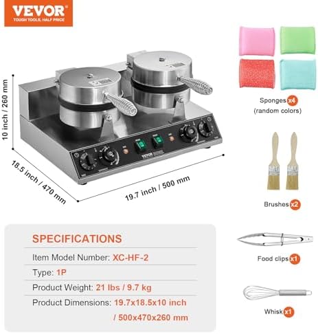 VEVOR Commercial Waffle Maker, Dual-Head Round Waffle Baker Machine, 2460W Non-Stick Stainless Steel Belgian Waffle Iron with Temp and Time Control, Handle, for Restaurant Bakery Snack Bar Family - Image 7