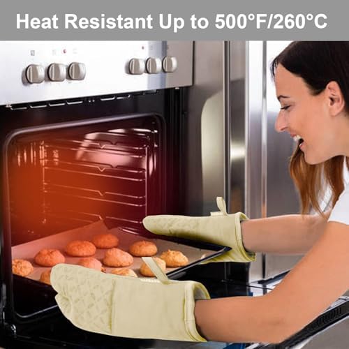 KEGOUU Oven Mitts and Pot Holders 6pcs Set, Kitchen Oven Glove High Heat Resistant 500 Degree Extra Long Oven Mitts and Potholder with Non-Slip Silicone Surface for Cooking (Beige) - Image 5