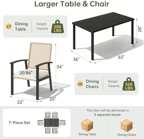 Aoxun 7-Piece Wicker Patio Table and Chairs Set for 6 with Umbrella Hole - Image 4