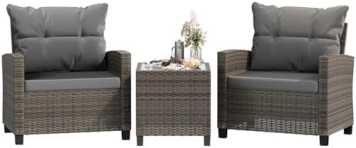 Shintenchi 3 Pieces Patio Furniture Set 3 Pieces PE Rattan Wicker Chairs with Table Outdoor Furniture for Backyard/Garden/Poolside/Outdoor Restaurant Gary Rattan with Gary Cushion by Shintenchi%7CFurnitureMadeforRealLife