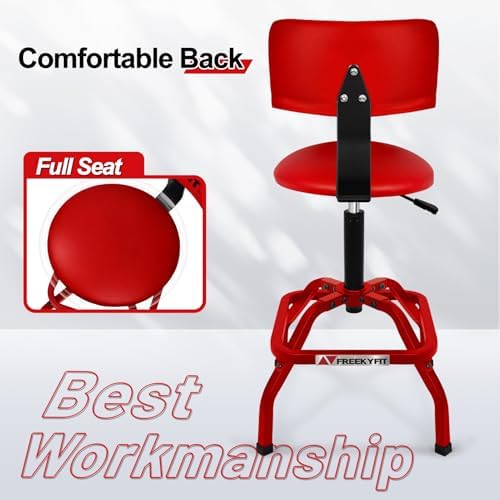 Shop Stool with Backrest, Mechanic Garage Stool for Workshop, Adjustable Shop Stools Chair, Padded Workbench Stools for Men Women, 300 LBS Capacity, 360° Swivel PVC Seat, Heavy Duty, Red - Image 6
