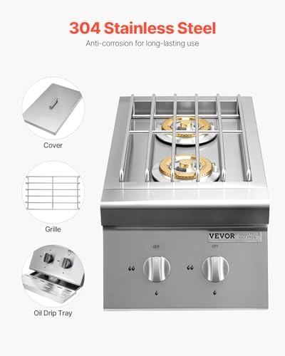 VEVOR Double Grilling Side Burners, 2 x 15,000BTU Liquid Propane Side Burner for Outdoor Kitchen, Convertible to Natural Gas, 304 Stainless Steel Built-in Double Grill Burners for BBQ Grill Island - Image 4