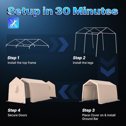 ADVANCE OUTDOOR 8x14 ft Steel Metal Peak Roof Portable Garage Shelter Storage Shed Carport for Motorcycle, Bike or Garden Tools with 2 Roll up Doors & Vents, Beige - Image 3