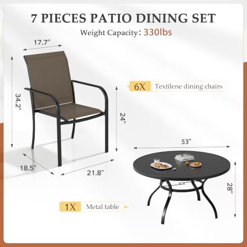 Incbruce 7 PCS Patio Dining Set, Outdoor Dining Set of 6 Textilene Chairs and 53" Round Table with Umbrella Hole for Backyard, Garden, and Poolside (Brown) - Image 4