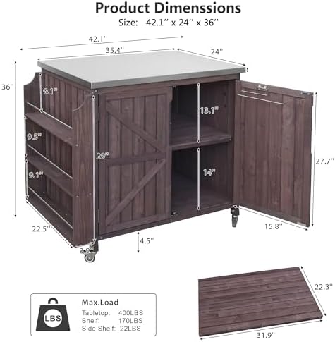 42.1" Outdoor Kitchen Island with Side Shelf and Stainless Top, Dark Brown - Image 2