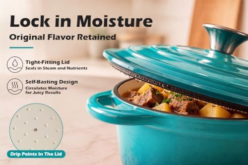 Leonyo 2-Quart Small Enameled Cast Iron Dutch Oven Pot with Lid, Lake Green - Image 4