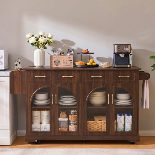 65" Rolling Kitchen Island with Storage and Drop Leaf & Arched Door Brown - Image 4