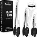 Kitchen Tongs with Silicone Tips, Heat Resistant 600 Degrees All Metal handle Locking Tongs For Cooking with Rubber Tips, Heavy Duty Stainless steel Food Tongs, Set of 3-7" 9" & 12" Black by Eddeas