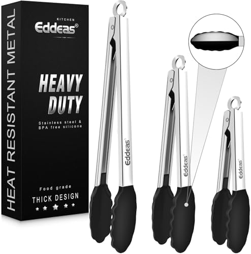 Kitchen Tongs with Silicone Tips, Heat Resistant 600 Degrees All Metal handle Locking Tongs For Cooking with Rubber Tips, Heavy Duty Stainless steel Food Tongs, Set of 3-7" 9" & 12" Black by Eddeas
