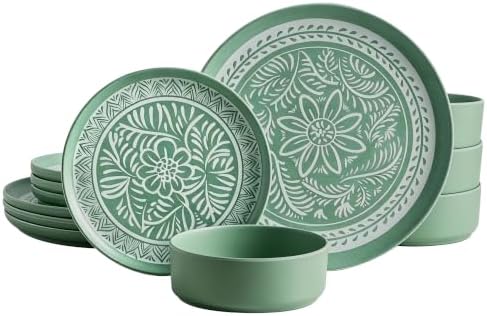 MissYip Melamine Dinnerware Set, 12 Piece for 4, Thicker Sturdy Indoor and Outdoor Use Tableware, Durable Plastic Plates and Bowls set, BPA Free, Dishwasher Top Safe, Not Microwave, Not Oven(Green) by MissYip