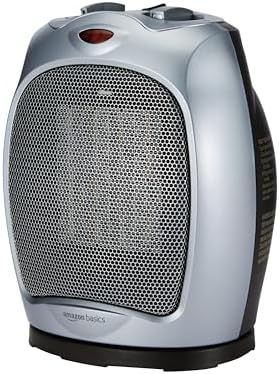 Amazon Basics Oscillating Ceramic Portable Indoor Space Heater, Fast Heating Technology, Overheat and Tip-Over Protection, Adjustable Thermostat, 1500W, 7.52"D x 6.34"W x 9.45"H, Silver by AmazonBasics