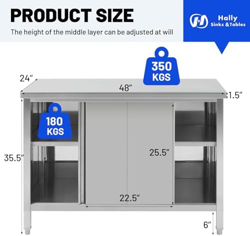 Hally Stainless Steel Cabinet 24"x48" Commercial Heavy Duty Prep Workbench - Image 2
