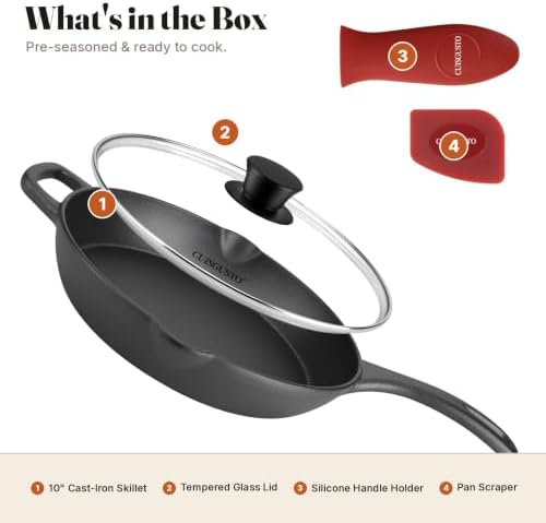 10 Inch Cast Iron Skillet with Glass Lid, Pre-Seasoned Frying Pan - Image 7