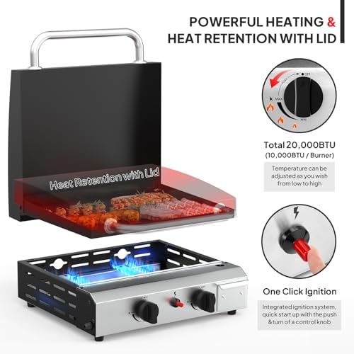 Bonnlo 2 Burner Portable Propane Griddle with Lid, 20000BTU Tabletop Flat Gas Grill with Ignition and Oil Collector, Camping Griddle for Outdoor Cooking Patio Backyard Sandbeach BBQ Party - Image 2