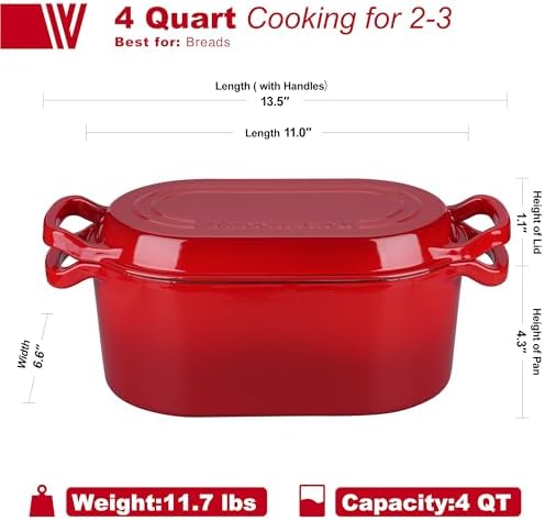 VORRINGARD Oval Dutch Oven Pot with Lid, Enamel Coating Cast Iron Bread Pans for Homemade Sourdough Bread Baking, Cooking, 4 Quart, Red - Image 2