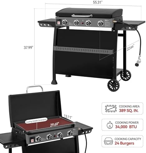 Royal Gourmet PD4001 4 Burner Propane Gas Griddle, Removable Standing Cart - Image 3