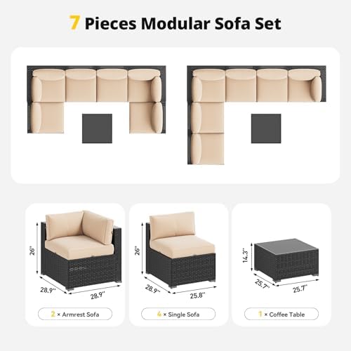 Aoxun Patio Furniture Set, 7 Piece Outdoor Sectional Sofas with Waterproof Cover, Wicker Rattan Outdoor Furniture Patio Conversation Set for Backyard, Garden Beige - Image 6