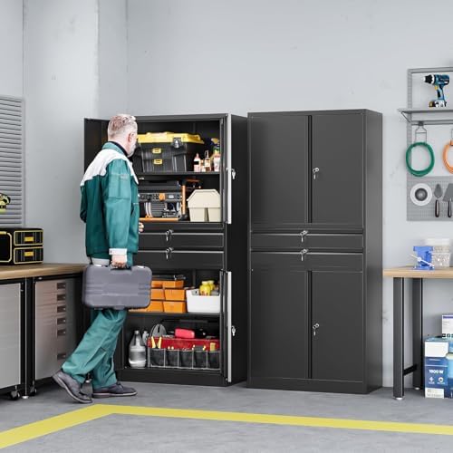 Letaya Metal Garage Storage Cabinet,71" Heavy Duty Steel Tool Cabinet with 4 Door Lock-Adjustable Shelves and 2 Drawer for Garage Home Office Utility Room (Black) - Image 2