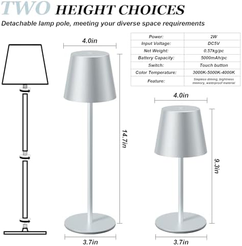 Kakanuo Silver Grey Cordless Lamp Rechargeable - 2 Pack 5000mAH Battery Operated Table Lamp for Counter, 3 Color Stepless Dimming Wireless Lamp for Dining Kitchen, Outdoor Patio, Touch Control - Image 5