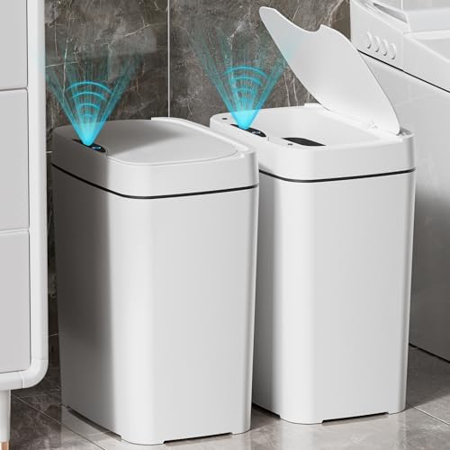 Vanpopubs 2 Pack 2.7 Gal Bathroom Trash Can with Lid, Automatic Trash Can Small Smart Garbage Can Touchless, Slim Motion Sensor Waterproof Plastic Trash Bins for Bedroom Office Kitchen Toilet, White by VANPOPUBS