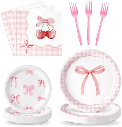 96Pcs Pink Bow Coquette Cute Party Plates Supplies - Party Tableware Decorations Disposable Paper Plates Napkins Forks for Birthday Bachelorette Bridal Engagement, Serves 24 by G1ngtar
