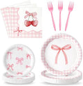 96Pcs Pink Bow Coquette Cute Party Plates Supplies - Party Tableware Decorations Disposable Paper Plates Napkins Forks for Birthday Bachelorette Bridal Engagement, Serves 24 by G1ngtar