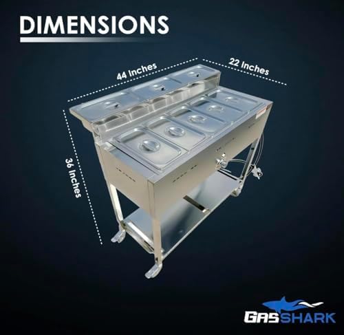 5 Pan Steam Table Food Warmer Cart | Heavy Duty Commercial Stainless Steel | Portable 4 Wheels | Outdoor Propane | 3 Condiment Containers | 8 Total Standard 1/3 Pans (12” x 6” x 4”) | CSA Approved | Catering, Home, and Backyard Use - Image 2