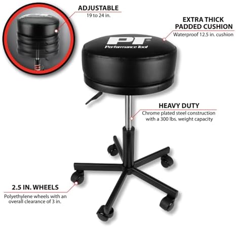 Performance Tool W85033 Pneumatic Rolling Shop Stool with Wheels - Image 3