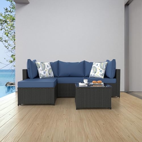 Patio Furniture Set, 5PCS Outdoor Sectional w/ Ottoman & Cushion, Navy Blue - Image 7