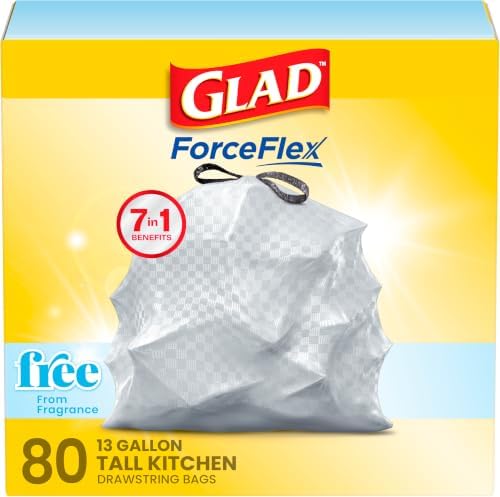 Glad ForceFlex Tall Kitchen Drawstring Trash Bags, 13 Gal, Fragrance Free, 80 Ct (Package May Vary) by GladTrashFoodStorage