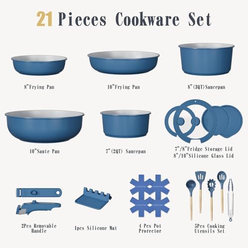 Umite Chef Pots and Pans Set Non Stick, 21 pcs Ceramic Cookware Set with Detachable Handles, Healthy Induction Cookware, RV Kitchen Cooking Set, with Utensils & Frying Pans Set, PFAS PFOA & PTFE Free - Image 2
