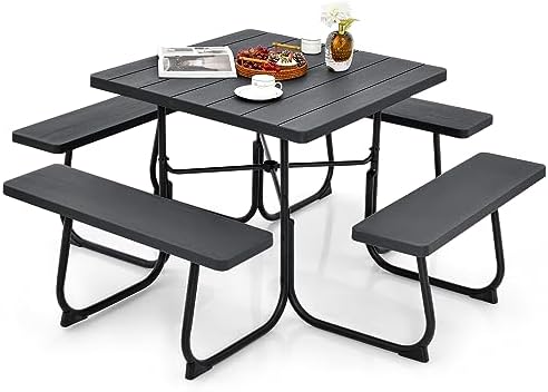 Tangkula 8 Person Square Picnic Table with 4 Built-in Benches, Black by TANGKULA