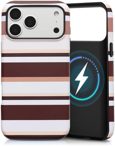 for iPhone 17 Pro Case, Magnetic Matte Frosted Dual-Layer Striped Phone Case for Women, Retro Aesthetic Cover Compatible with Mag Safe Accessories - Cocoa Stripe by YKCZL