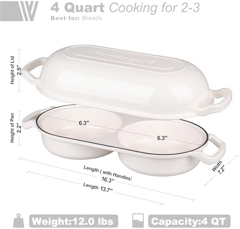 VORRINGARD Enameled Cast Iron Double Dutch Oven with Lid, Dual Round Loaf Pan, Bread pan for Homemade Sourdough Bread Baking, White - Image 2