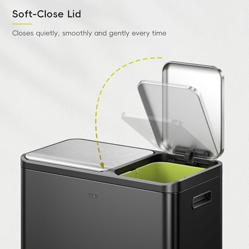 EKO EcoCasa 8+5 Gal (30+20L) Dual Trash Can for Kitchen, Large Stainless Steel Step-On Garbage Can, Trash and Recycle Bin Combo with Soft-Close Lids, Removable Color-Coded Inner Buckets, Matte Black - Image 5
