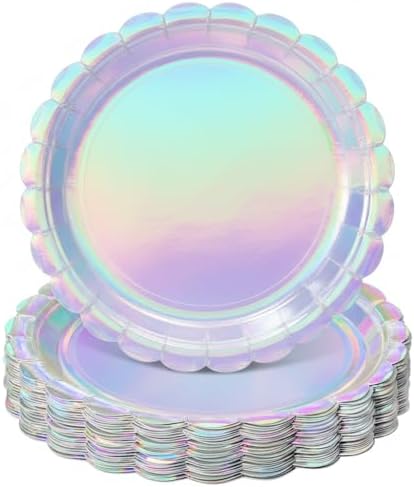 NatNarr 30 Pack Iridescent Plates, 9" Holographic Dessert Cake Plates by NatNarr