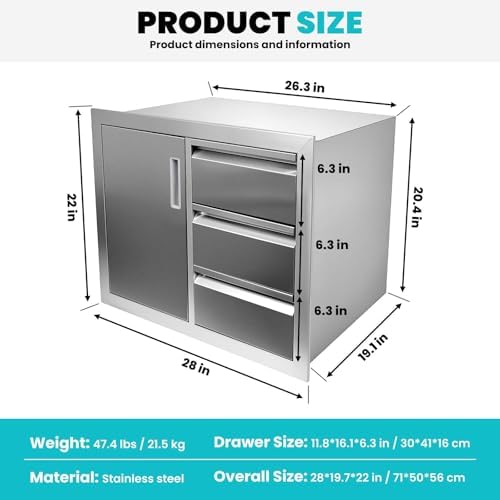 28x19.7x22in Outdoor Kitchen Cabinets, Triple Stainless Steel Drawers, 304 Stainless Steel Outdoor Kitchen Cabinets, Outdoor Kitchen Drawers Combo Cabinet for Patio Grill Station & Outdoor Cooking - Image 2