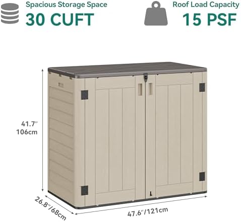 YITAHOME 30 CuFt Outdoor Storage Shed with Shelf, Horizontal Storage Cabinet for Garden Tool, Waterproof Outdoor Storage Shed for Garage, Resin Pool Storage, Easy to Assemble, Khaki & Brown - Image 6