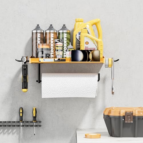 SUNTECH Garage Paper Towel Holder with Shelf & 2 Hooks Wall Mount, Yellow - Image 5