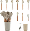 GreenLife 11 Piece Silicone Utensil Crock Set, Nonstick Kitchen Tools, Ladle, Turner, Slotted Turner, Spatula, Spoon, Spaghetti Server, Brush, Whisk, Tongs, Crock, Taupe by GreenLife