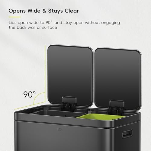 EKO Edison 8+8 Gallon Dual Trash Can for Recycling and Trash, Stainless Steel Kitchen Step Can with Dual Removable Inner Bucket, Independent Lids and Pedals, Black - Image 6